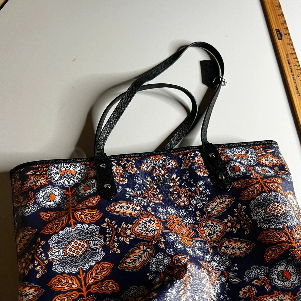 Coach Kaleidoscope Floral Print Zip Top Tote Navy Crossgrain Leather F11823